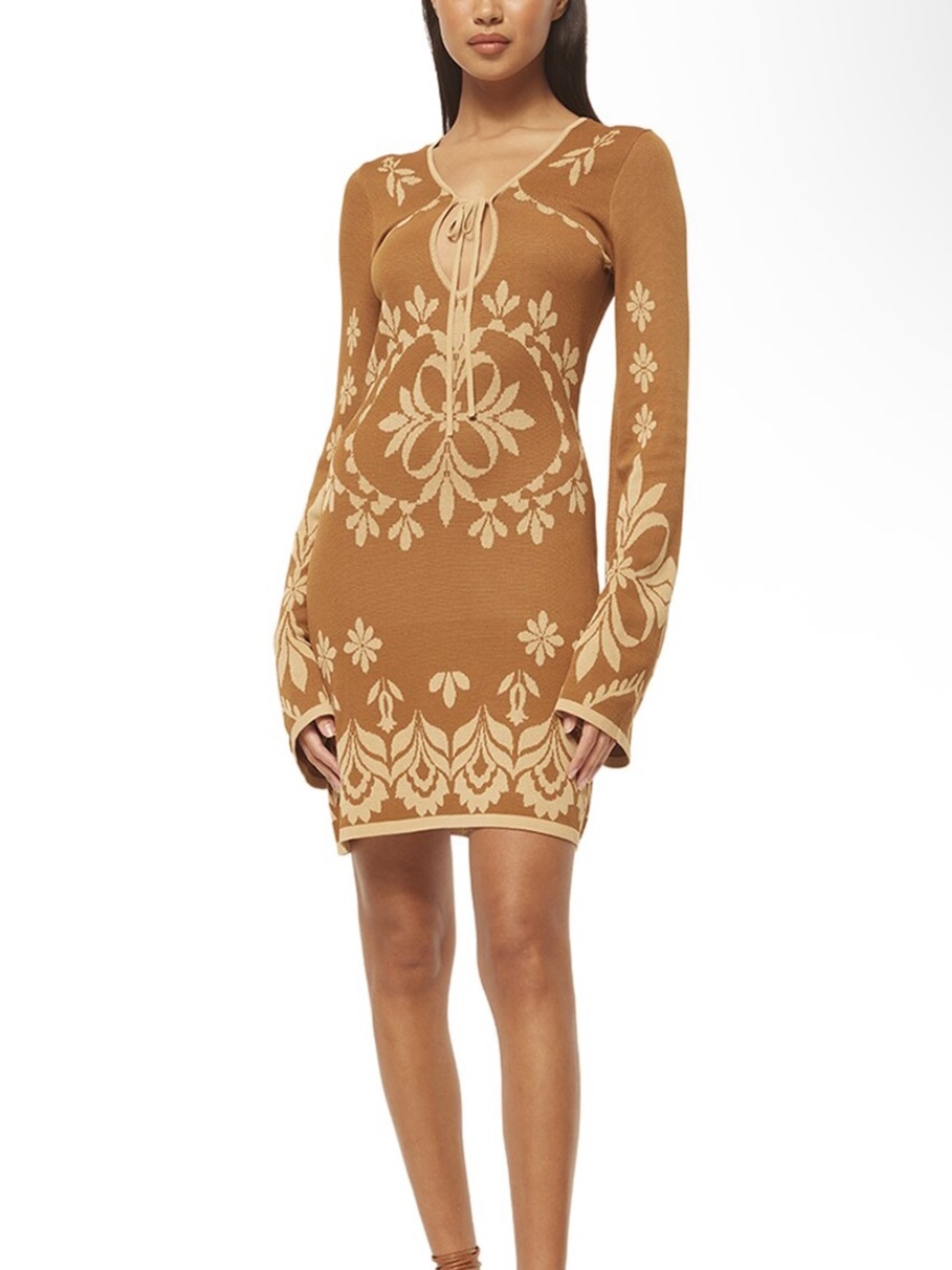 MISA Los Angeles Knit Mini Sahar Dress in Brown Floral Santiago